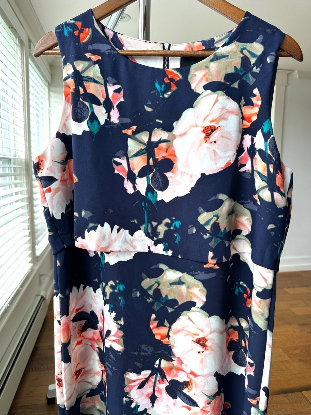 Cynthia Rowley Navy Floral Midi Dress, Sleeveless, Round Neckline, Loose Fit